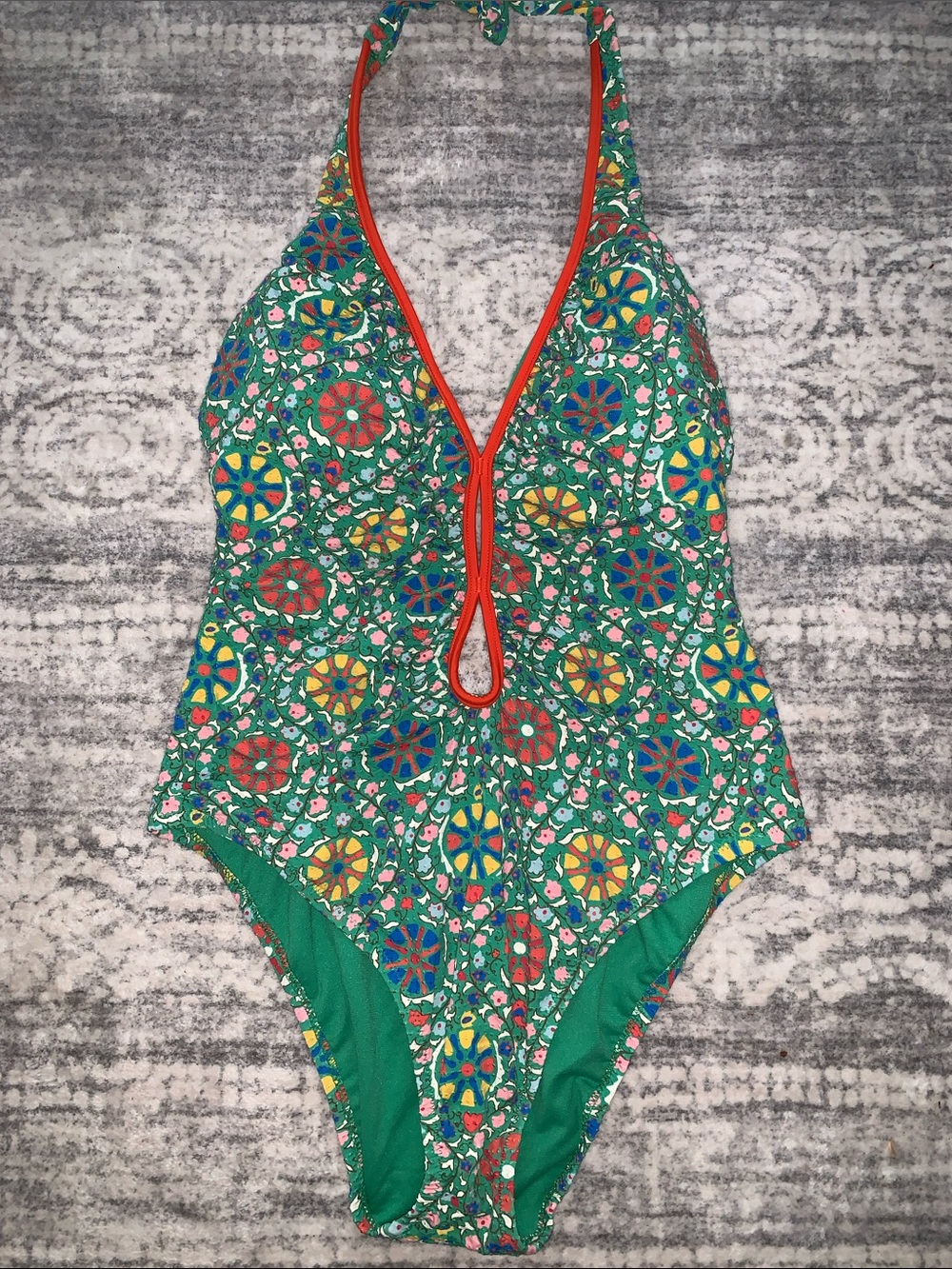 Woman’s ' Green Floral Halter One-Piece Swimsuit with Orange Trim